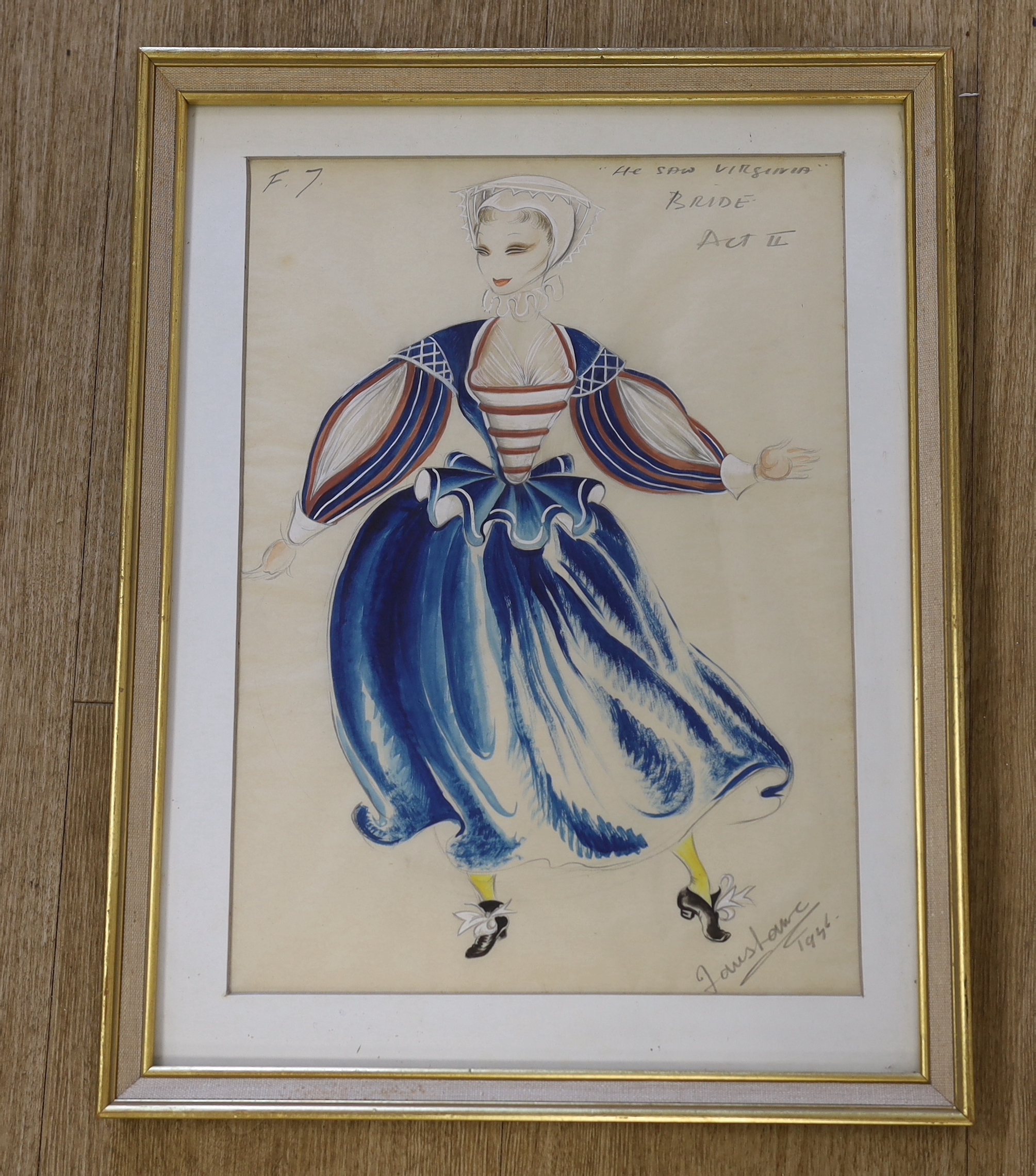 Modern British, heightened mixed media, Theatrical costume design, indistinctly signed and dated 1956, 33cm x 23cm